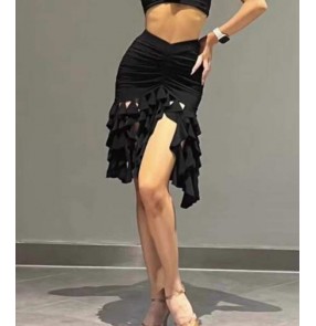 Women girls black fringe ruffles latin dance skirts modern salsa rumba samba flamenco chacha dance costumes for female